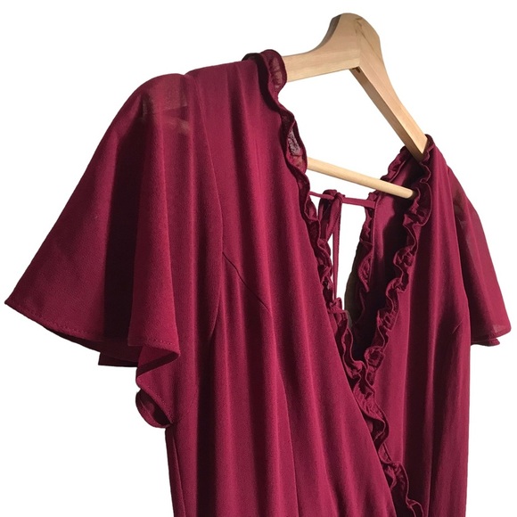 Lulu’s Pour the Champagne Burgundy Ruffled‎ Backless Maxi Dress Small - Picture 4 of 8